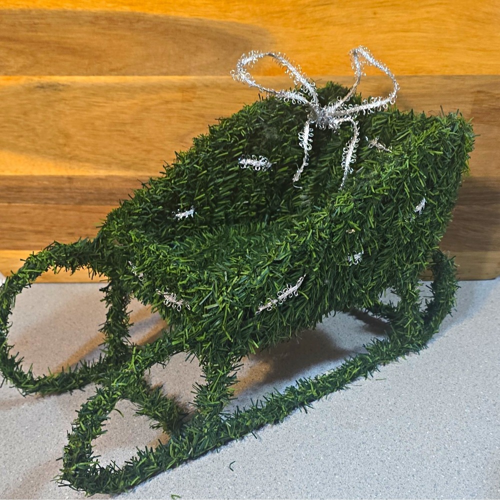 Green Silver Tinsel Sleigh Figurine Freestanding Christmas Holiday Decor